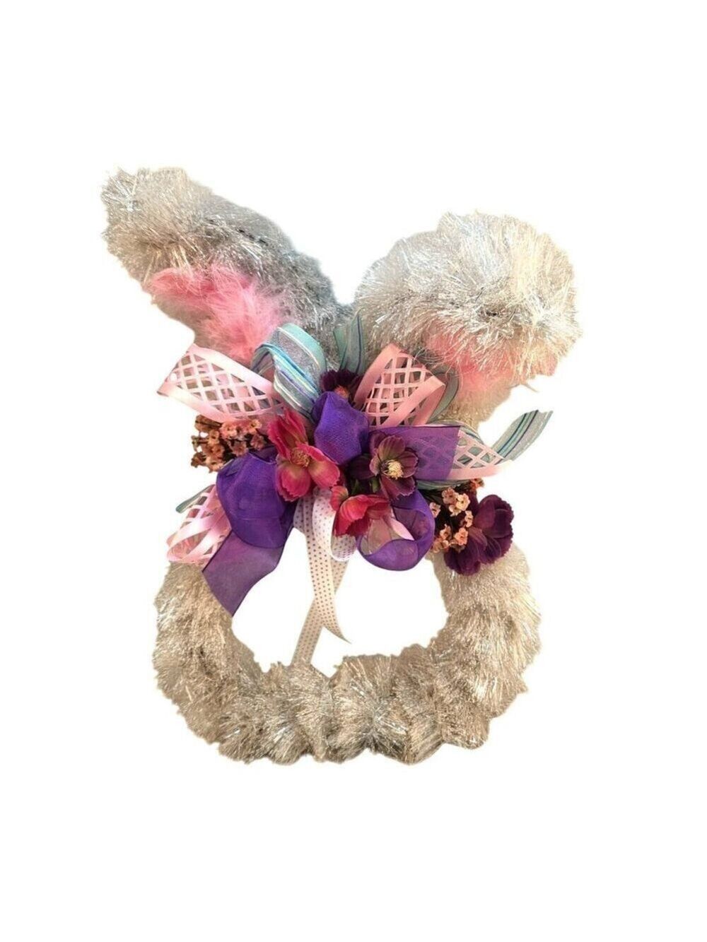 Silver Tinsel Bunny Wreath Floral Ribbon Accents